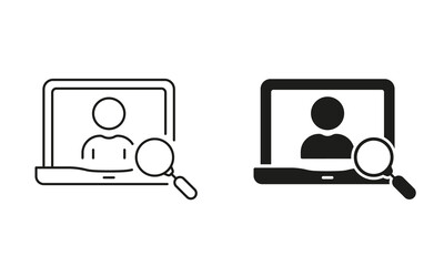 HR Research in Laptop Line and Silhouette Icon. Human Resources Pictogram. Employee Candidate, Job Recruitment, Work Opportunity Symbol. Editable Stroke. Isolated Vector Illustration