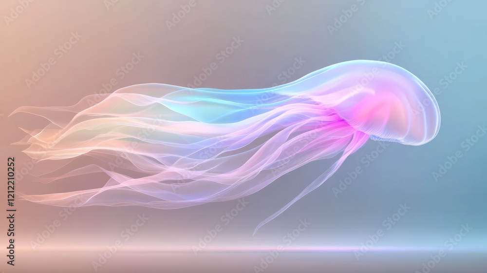 Poster a mesmerizing geometric jellyfish with flowing lines and translucent colors, capturing the ethereal 