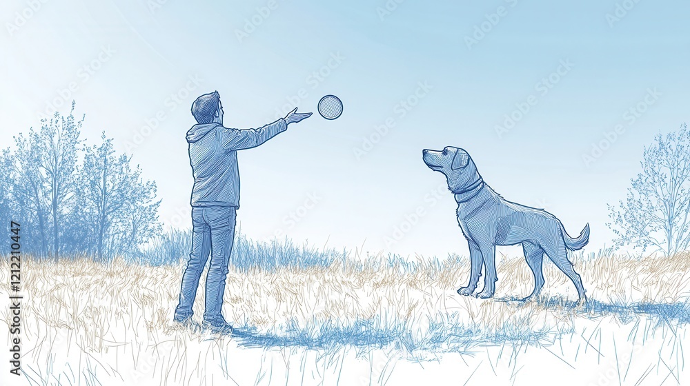 Poster frisbee play in the field, a continuous line sketch depicting a joyful interaction between a person 
