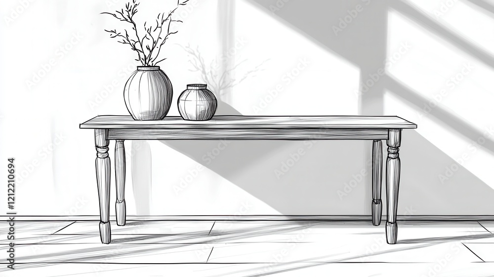 Poster continuous line drawing of a minimalist table with a vase, low poly design, elegant simplicity, mono