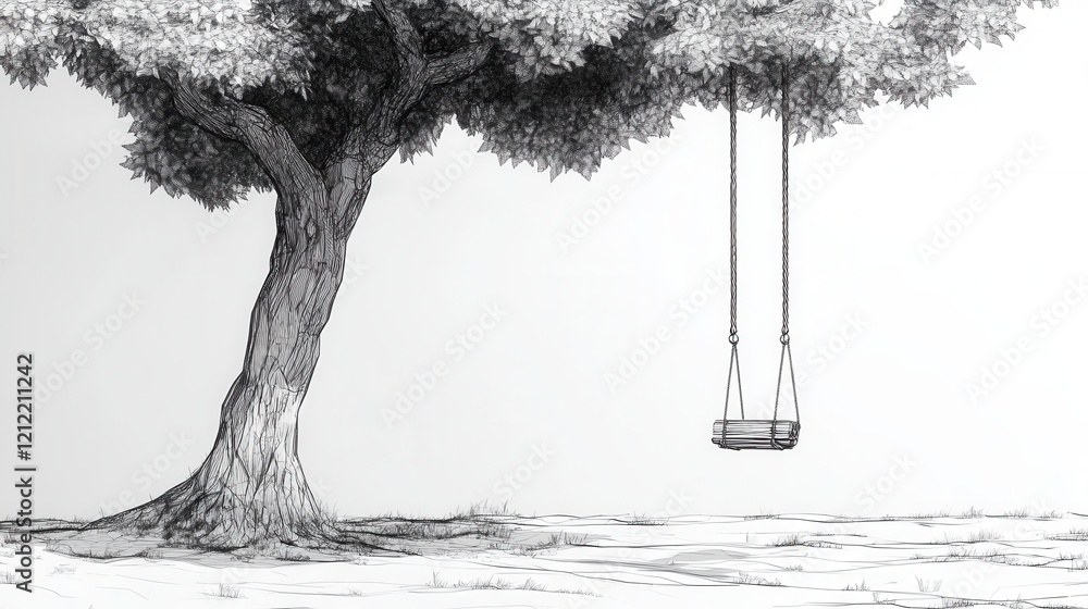 Poster continuous line drawing of a tree with a swing, minimalist design, elegant simplicity, inviting play
