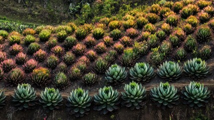 Fototapeta premium Rows of colorful succulents planted on a hillside.