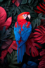 Fototapeta premium A mesmerizing photograph of a parrot with bright red and blue paint splatters on its feathers, set against an abstract, colorful jungle backdrop,