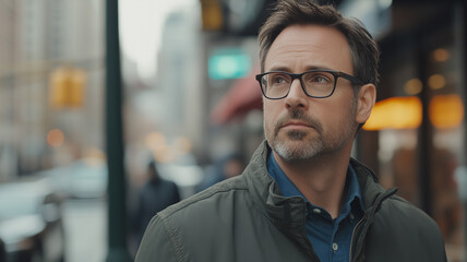 Cinematic shot of an attractive middle-aged man with glasses and a goatee, wearing casual and standing outside on a street in New York City. stylishly styled dark brown hair. Ai generated