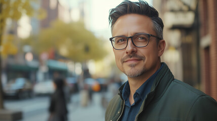 Cinematic shot of an attractive middle-aged man with glasses and a goatee, wearing casual and standing outside on a street in New York City, stylishly styled dark brown hair. Ai generated