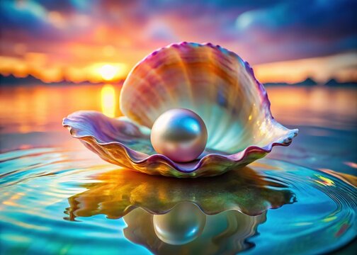 Iridescent Pearl in Seashell on Water, Shimmering Reflections