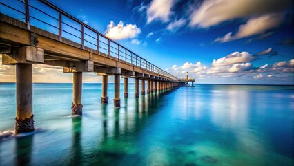 Obraz premium Long Industrial Pier Extending Over Calm Blue Ocean, Minimalist Cloudscape