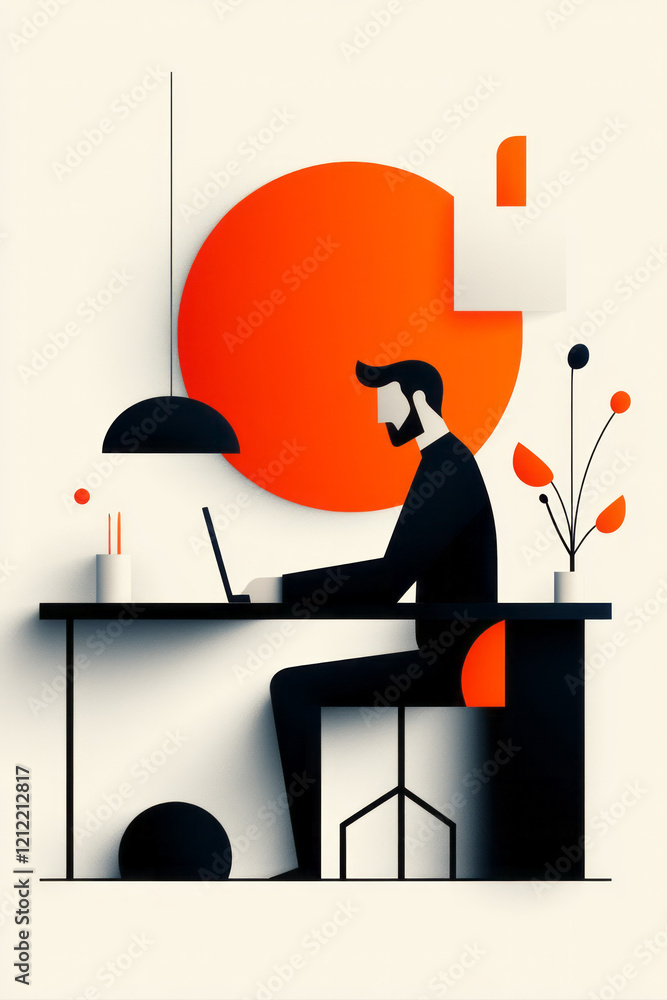 Poster a detailed geometric illustration of a professional in a modern workspace, combining precise lines a