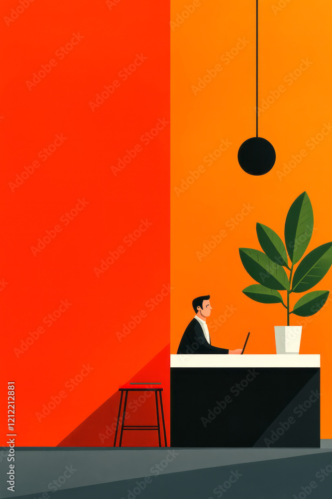 Poster a detailed geometric illustration of a professional in a modern workspace, combining precise lines a