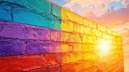 Fototapeta premium Bright Sunset Illuminating a Colorful Brick Wall with Abstract Patterns and Textures