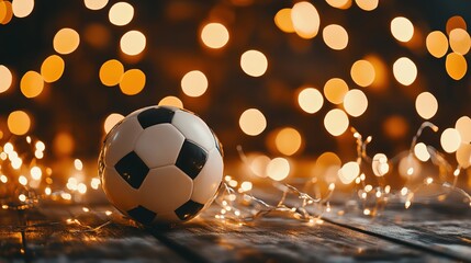 Fototapeta premium Soccer ball on wooden surface with bokeh lights in the background, capturing the essence of sport, focus, and serene ambiance in a beautifully blurred setting.