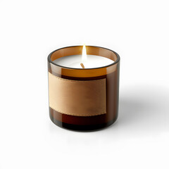 Burning candle with blank label mock up isolated on white background