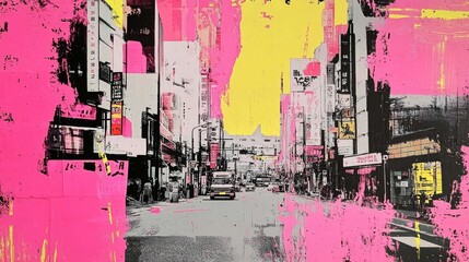 Vibrant Asian Cityscape in a Textured Collage Poster