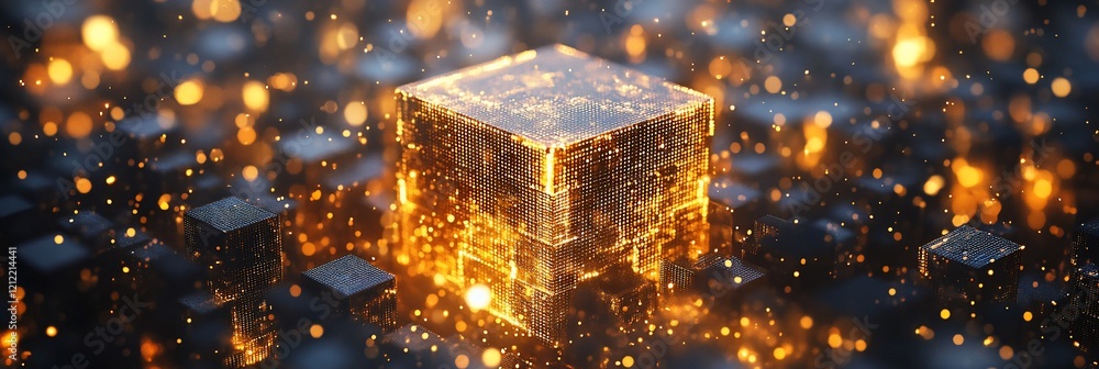 Poster Glowing cube in a field of smaller cubes.