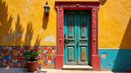 Fototapeta premium Vibrant Teal Doorway with Ornate Red Frame, Sunlit Yellow Wall, and Colorful Tilework Base