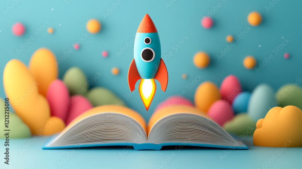 Poster a playful abstract composition where a toy rocket springs from the center of an open book, with a bo