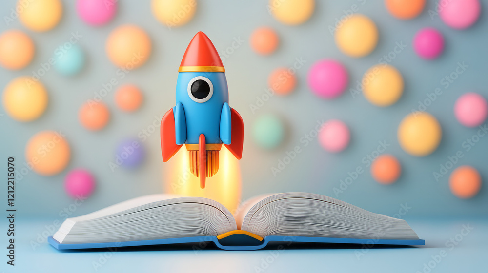 Poster a beautiful abstract artwork showing a toy rocket emerging from a book, with a bokeh background feat