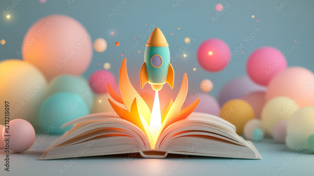 Poster a beautiful abstract artwork showing a toy rocket emerging from a book, with a bokeh background feat