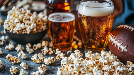 A vibrant football-themed gathering enjoys delicious popcorn and cold beverages filling the table, creating an atmosphere of fun and camaraderie during game day festivities