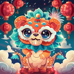 Naklejka premium A cute cartoon lion with big eyes and a festive flower crown, celebrating with fireworks and red lanterns.