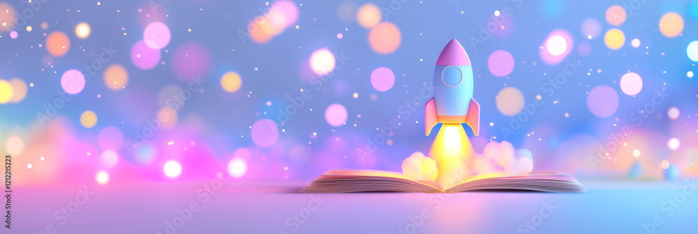 Poster an enchanting abstract artwork featuring a toy rocket launching from a storybook, with a bokeh backg