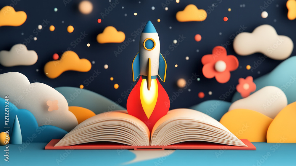 Poster a captivating abstract illustration of a toy rocket blasting from an open book, surrounded by swirli