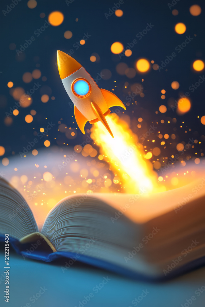 Poster an abstract and surreal artwork of a toy rocket launching from a book, set against a bokeh backgroun