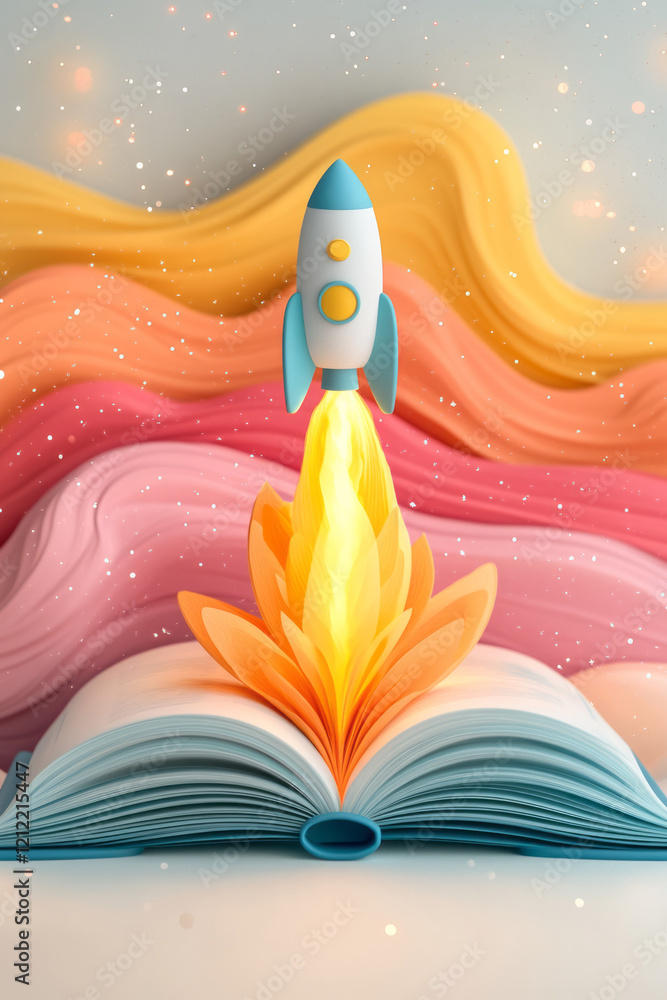 Poster an abstract and surreal artwork of a toy rocket launching from a book, set against a bokeh backgroun