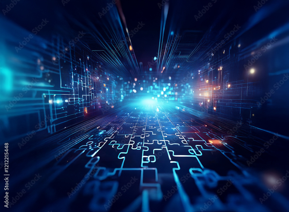 Aufkleber Abstract digital landscape, glowing circuits forming a puzzle-like pathway into a bright, futuristic core.  Speed and connection are implied.