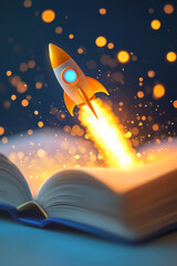 An abstract and surreal artwork of a toy rocket launching from a book, set against a bokeh background with flowing lines and bright, sparkling lights, symbolizing creativity,