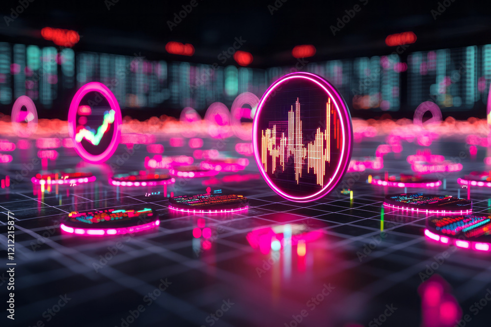 Fototapete a futuristic virtual reality dashboard displaying dynamic stock market chart lines in vibrant neon c