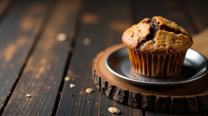 A delectable chocolate chip muffin rests on a rustic wooden surface, presented on a simple metallic plate, creating a visually appealing scene.