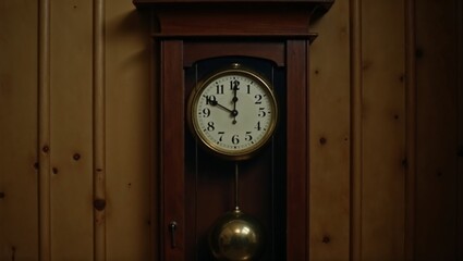 Pendulum clock in motion with rhythmic oscillation against vintage wooden background, 
