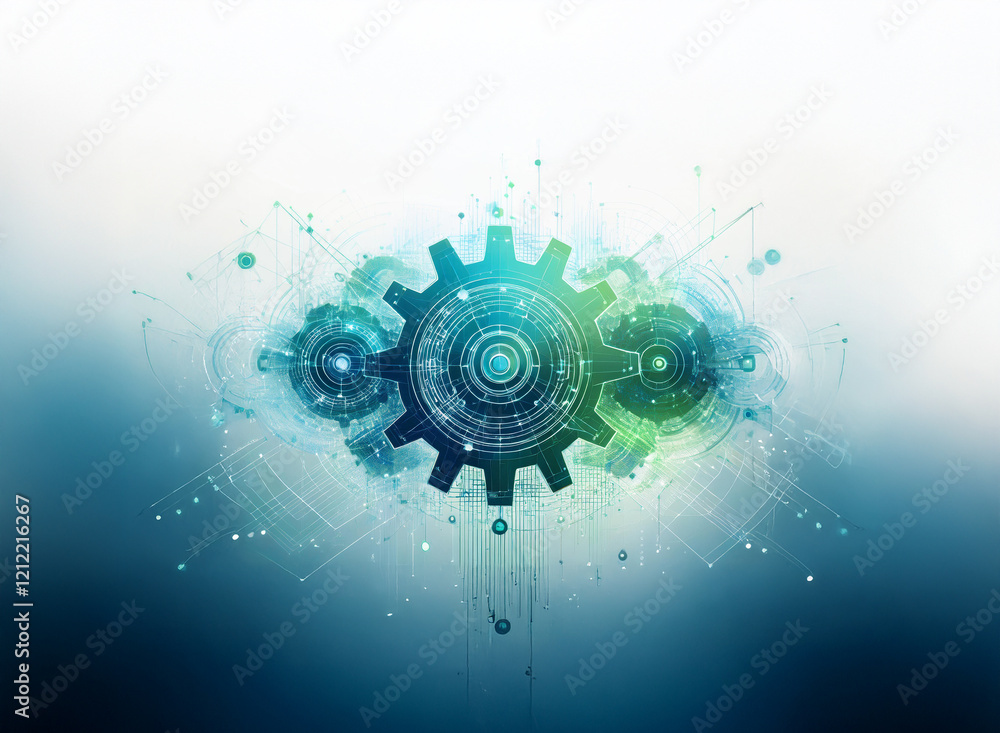 Aufkleber Abstract digital art depicting interconnected gears within a stylized cloud, symbolizing technological synergy and innovation.  The color palette is cool-toned, predominantly blues and greens.