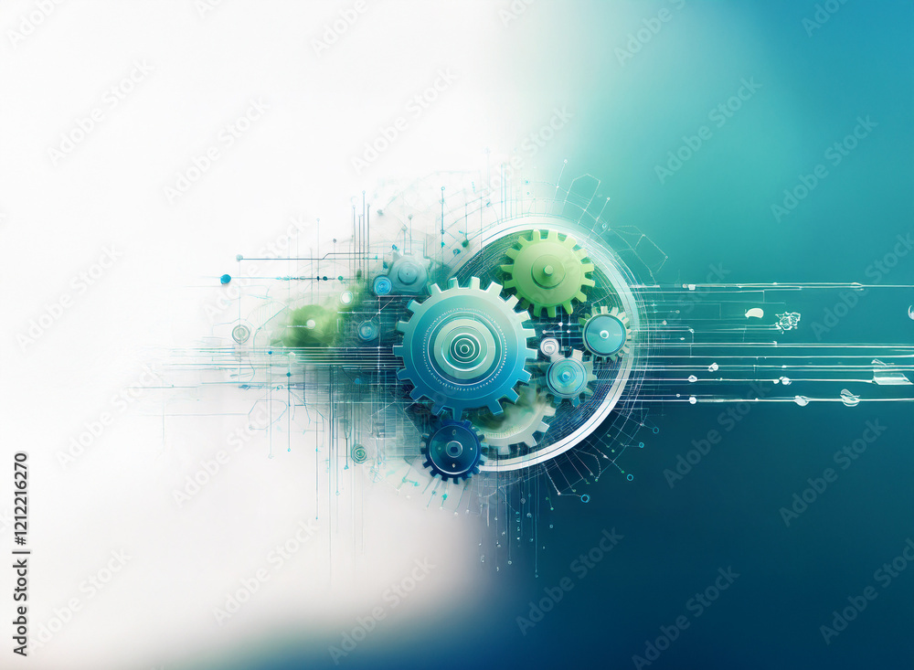 Poster Abstract illustration of interconnected gears, symbolizing technological synergy and complex processes.  The design uses a blend of teal and white hues, suggesting innovation and efficiency.