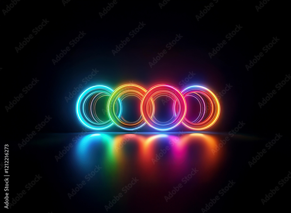 Aufkleber Vibrant, interconnected neon rings radiate color on a reflective black surface, creating a mesmerizing, symmetrical light display.  The rings glow with intensity, casting colorful reflections.