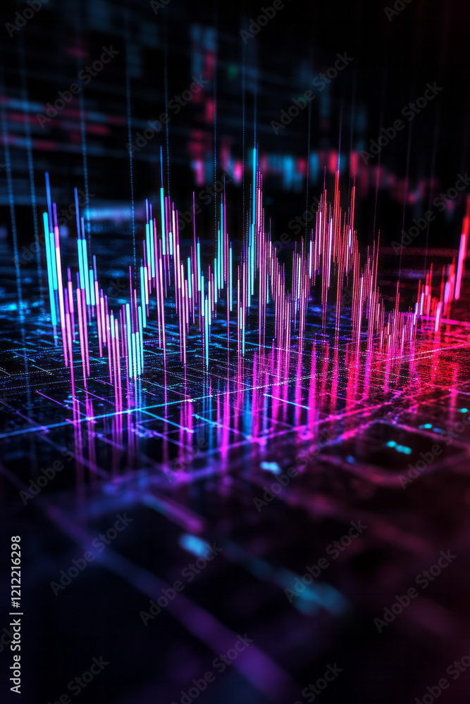 Poster a high-resolution virtual reality visualization of stock market trends, with chart lines p
