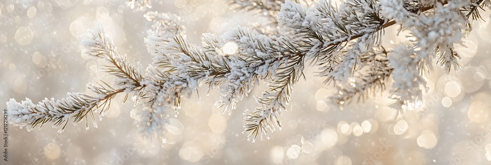 Poster snow-covered pine branch against a bokeh background.