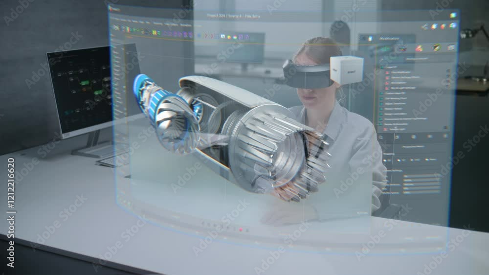 Fototapete female engineer uses augmented reality headset to visualize 3d holographic model of renewable energy