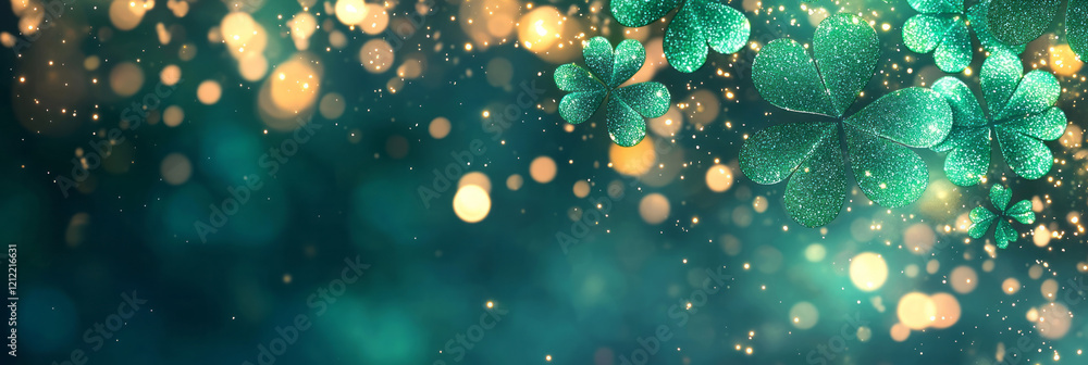 Aufkleber A vibrant festive background featuring shining green clover shamrocks scattered across a golden bokeh backdrop, creating a magical St,