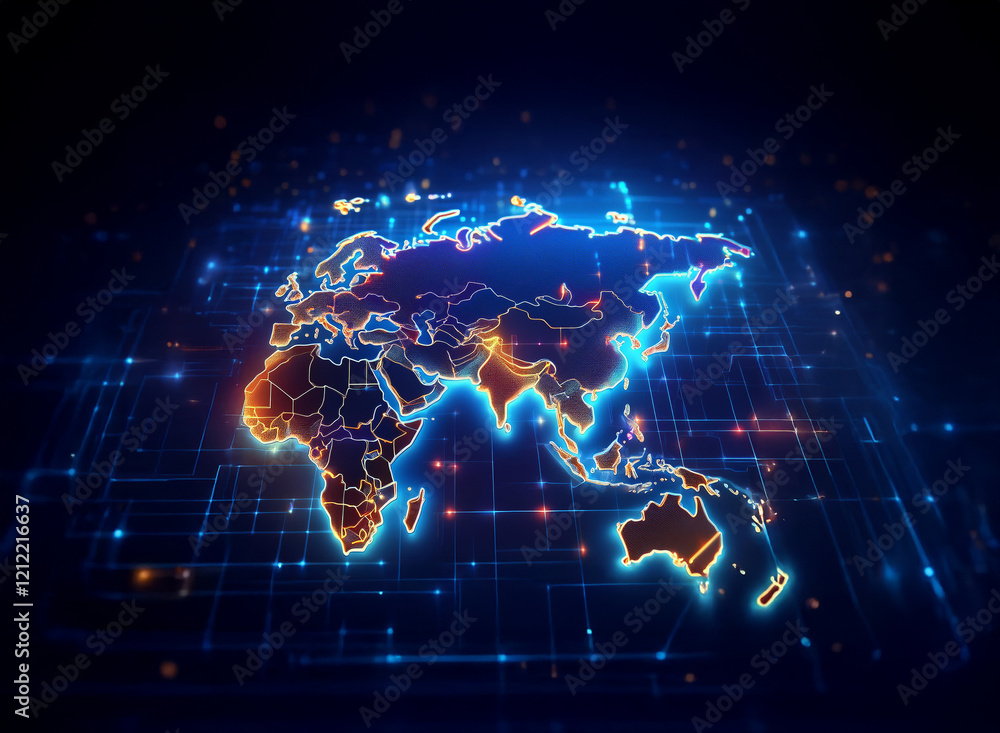 Poster A glowing digital world map, showcasing interconnectedness via illuminated lines, nodes, and country borders.  The futuristic design highlights global communication and networking.