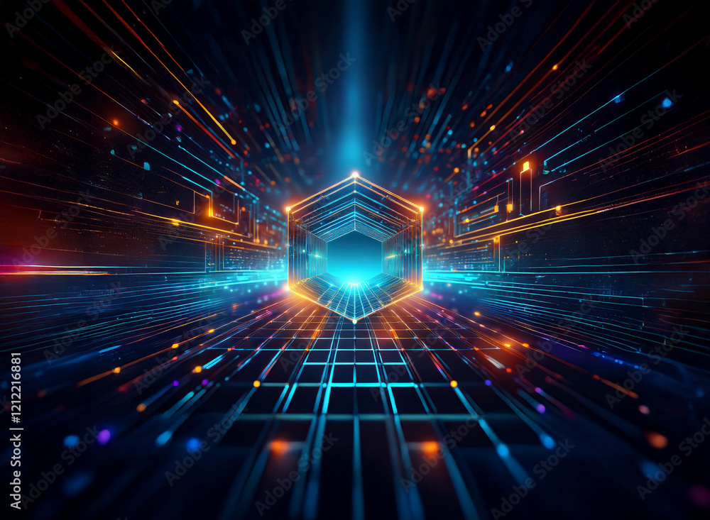 Poster A glowing hexagonal structure at the center of a vibrant, digital landscape.  Streaks of light and intricate circuitry create a sense of depth and speed, suggesting a futuristic or technological realm