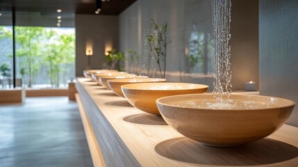 Fototapeta premium Wooden bowls in a modern spa interior