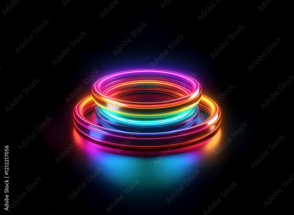 Aufkleber vibrant rainbow neon rings glow on a dark reflective surface, creating a mesmerizing, layered effect