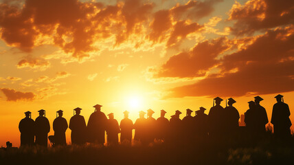 Fototapeta premium Photograph of a college graduation ceremony, with students wearing caps and gowns against a sunset sky background. The image was captured using a telephoto lens with natural lighting. Ai generated