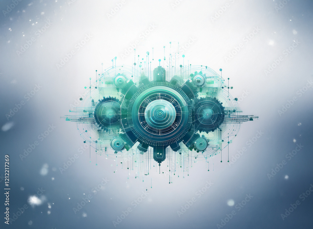 Fototapete Abstract teal and grey technological design. Interconnected gears, circles, and data streams form a complex, futuristic system.  Particles subtly float around the central structure.