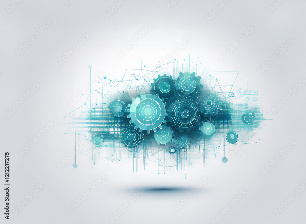 Fototapete Abstract illustration depicting a cloud computing concept. Interconnected gears within a stylized cloud symbolize complex technological processes and data flow.