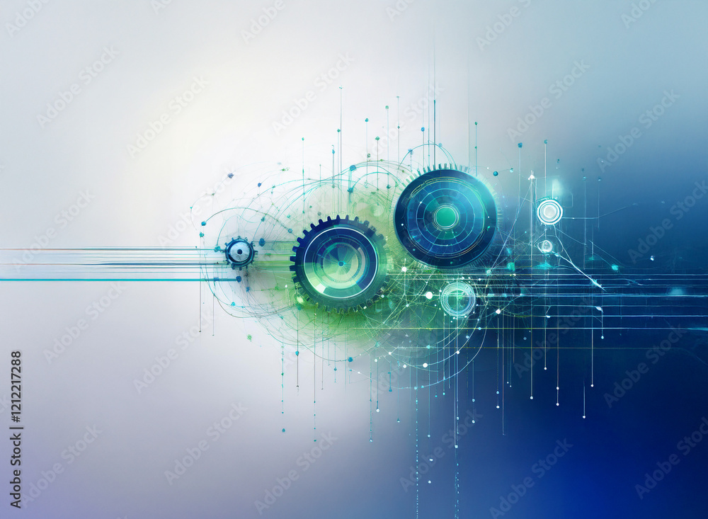 Poster abstract digital artwork depicting interconnected gears and circuitry, evoking themes of technology,