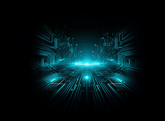 Abstract digital art depicting a glowing cyan circuit board pathway receding into a dark background.  The design evokes feelings of technology, innovation, and futuristic landscapes.