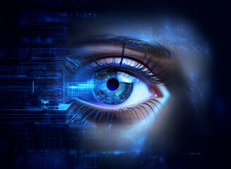 A captivating close-up of a human eye, digitally enhanced with vibrant blue hues and integrated technological circuitry, suggesting a fusion of humanity and technology.